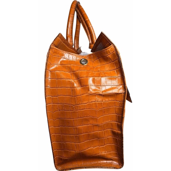 Claudia Firenze Calf Hair Leather Tote Bag Croc Embossed Trim Turn Lock Brown - Picture 4 of 13